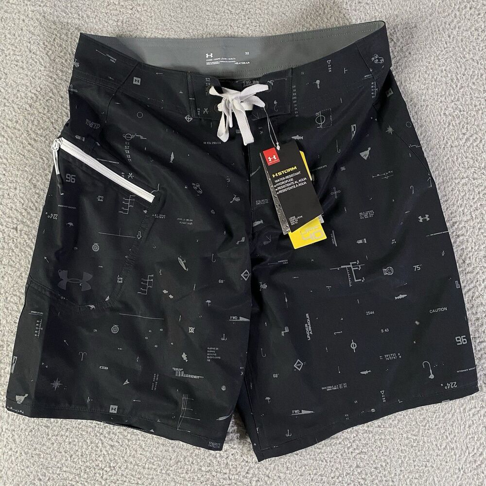 Under Armour Storm Board Shorts Mens 32 Black Loose Heatgear UPF 40 Swim Trunks
